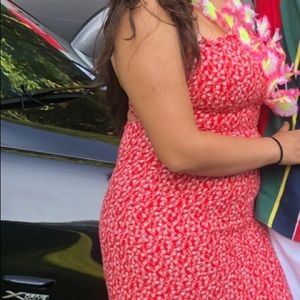 Red floral back tie dress